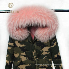 Venta al por mayor precio competitivo diseñador invierno ejército verde militar parka abrigo de piel real